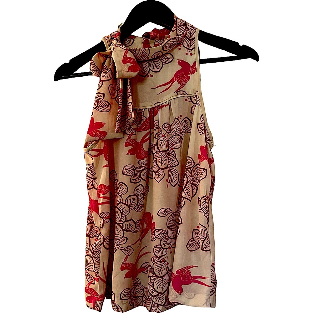 Maeve tie neck tank with bird print